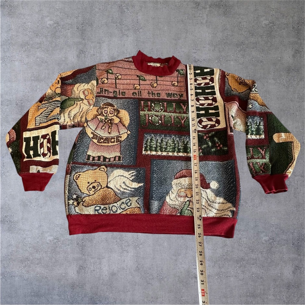 Vintage Sugar Street Weavers Tapestry Sweater OS Red Christmas Patchwork - Picture 2 of 11